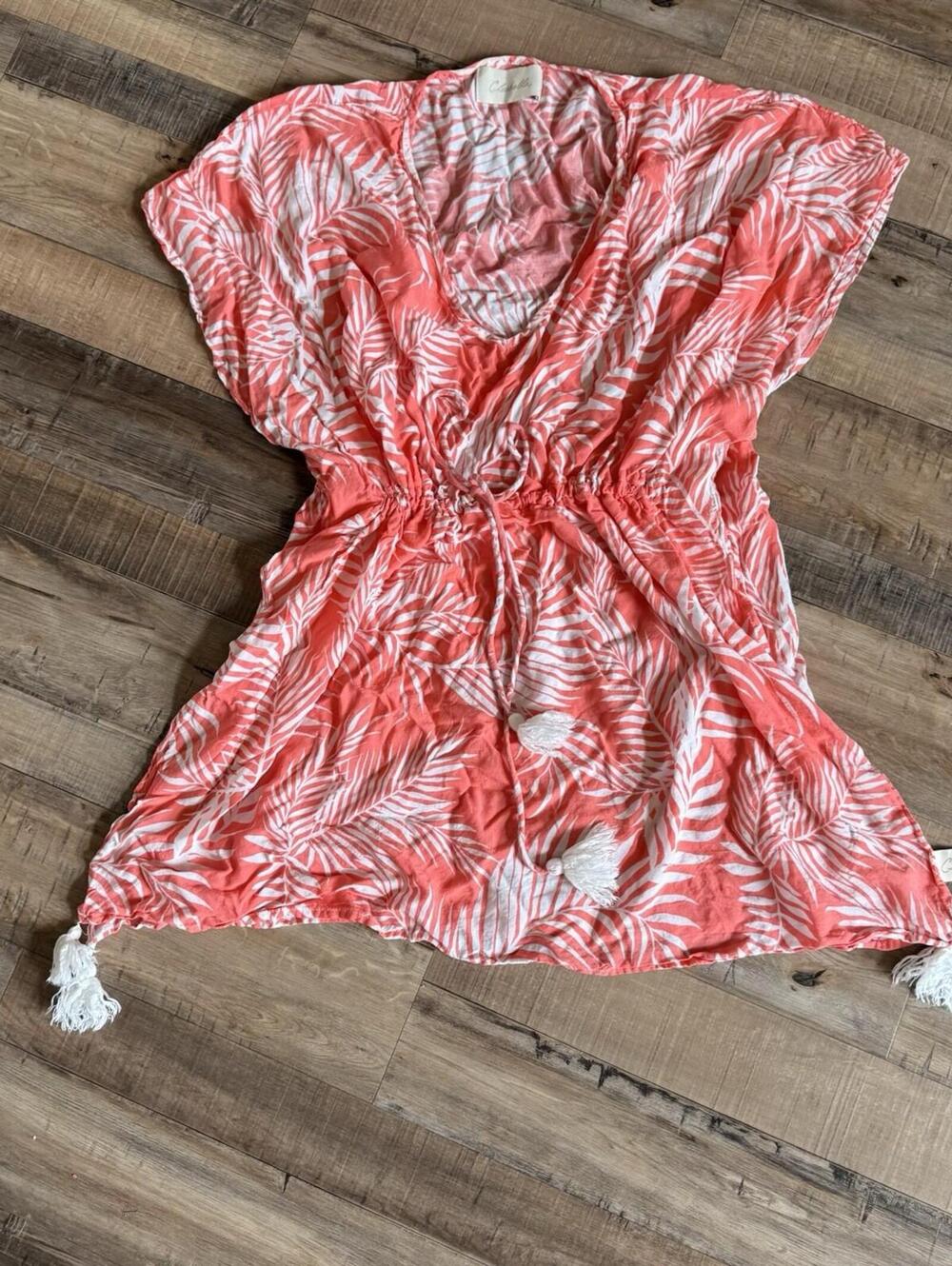 Cleobella Swim Cover Up Kaftan Coral  Sunset Tropical Print Tassels One Size